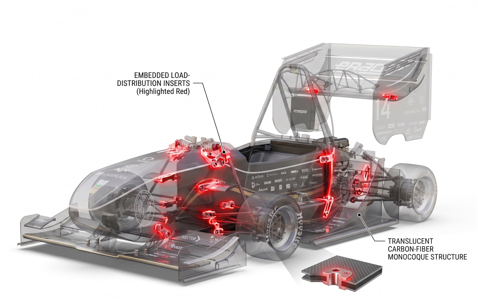Embedded load-distribution inserts in the monocoque